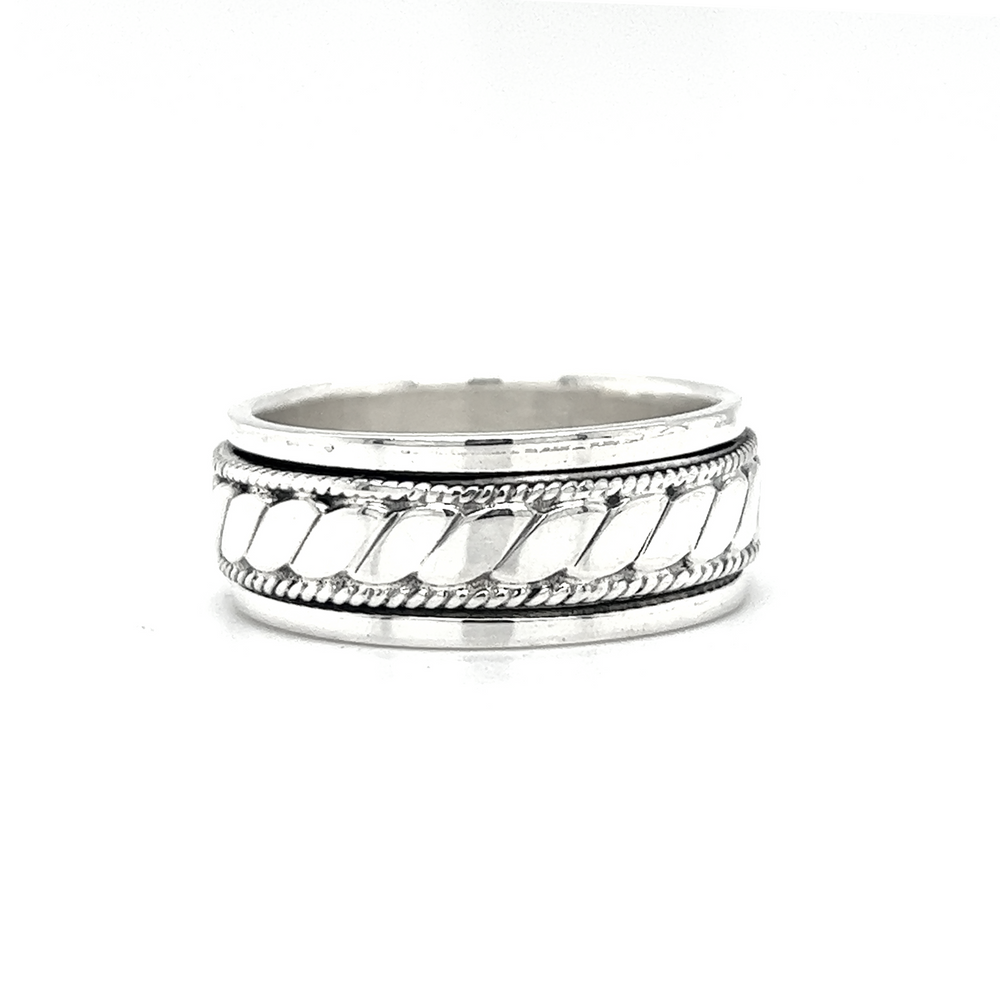A .925 Sterling Silver spinner ring with a braided design is called the Spinner Ring With Flat Rope Pattern.