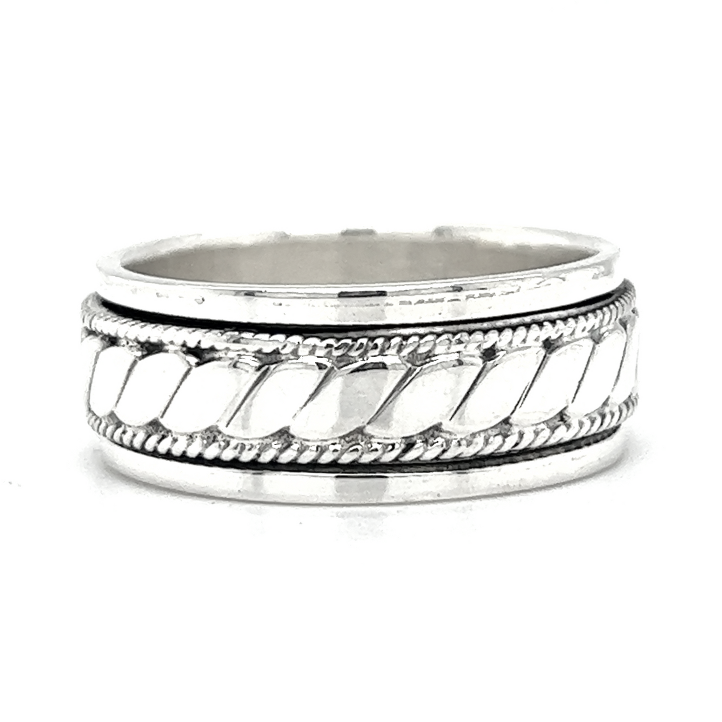 A Spinner Ring With Flat Rope Pattern ring with a braided design.