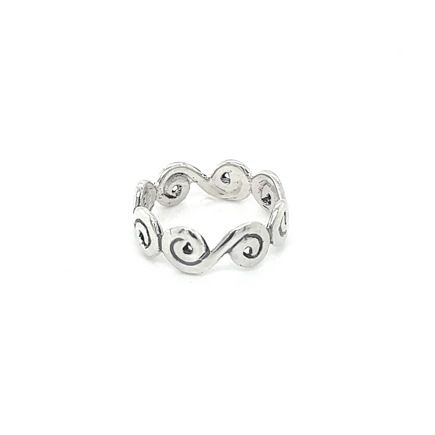 A Wavy Swirl Band ring with abstract swirls on it.