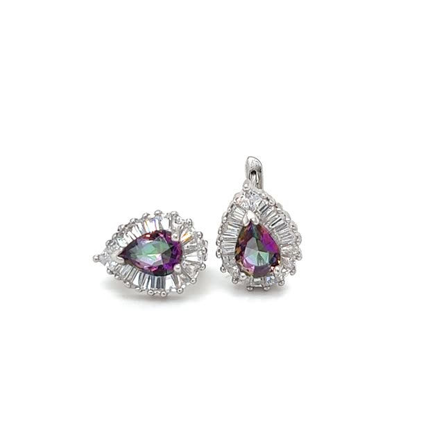 A pair of Teardrop Rainbow Topaz Latch Back Earrings from Super Silver with a rhodium overlay on a white background.