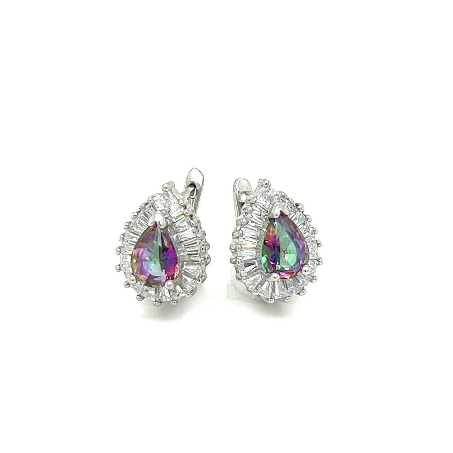 
                  
                    A pair of Teardrop Rainbow Topaz Latch Back Earrings with a rhodium overlay by Super Silver.
                  
                