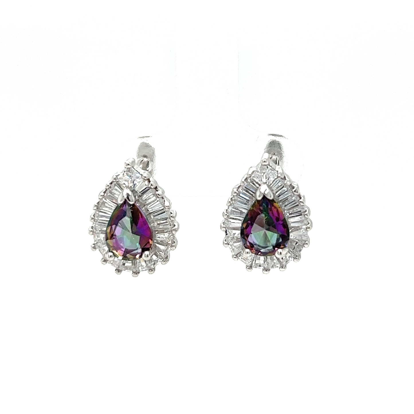 
                  
                    A pair of Super Silver Teardrop Rainbow Topaz Latch Back Earrings with diamonds and latch back closure.
                  
                