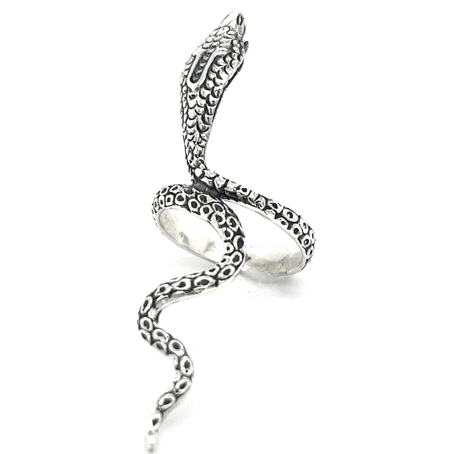 
                  
                    A Super Silver Elongated Cobra Ring featuring serpents, set against a clean white background.
                  
                