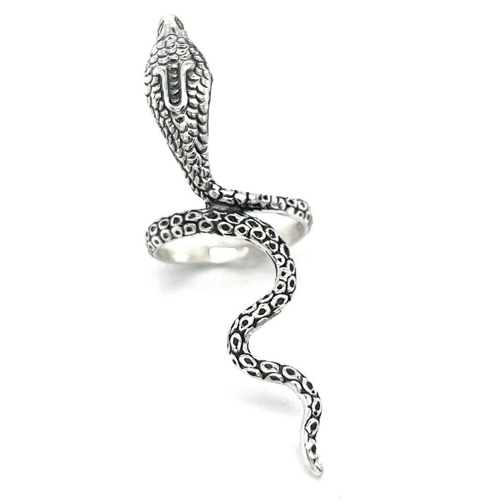 A Super Silver elongated Cobra Ring with an oxidized finish on a white background.