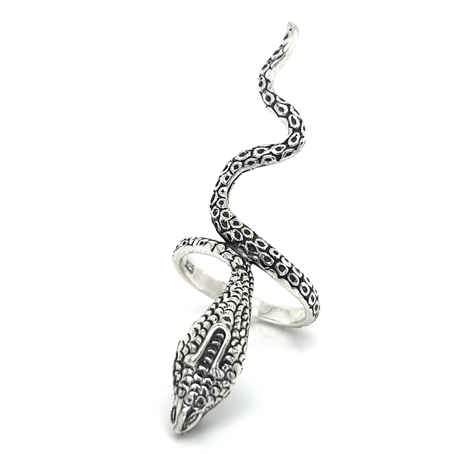 
                  
                    A Super Silver elongated cobra ring with an oxidized finish and serpent design.
                  
                