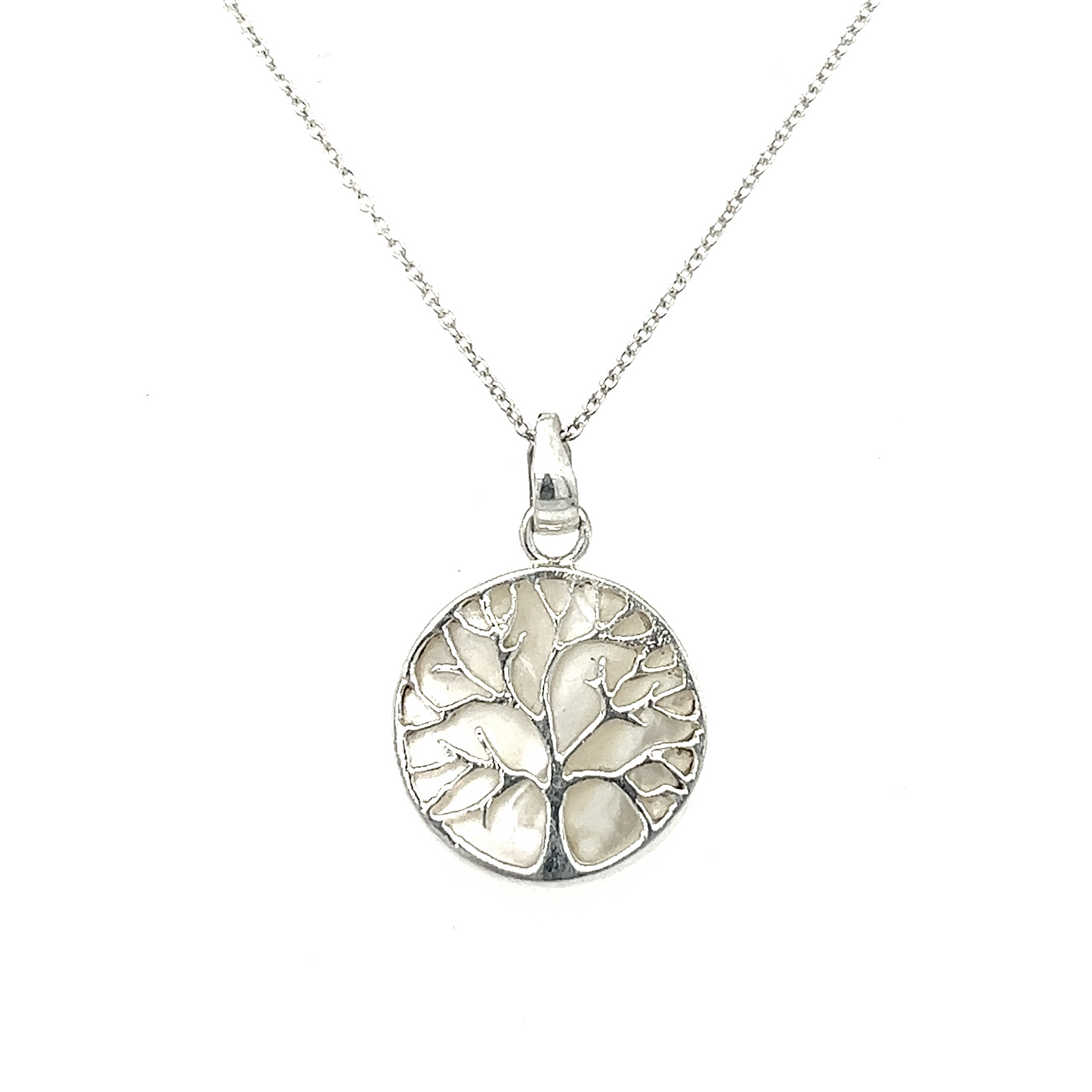 
                  
                    A silver Reversible Mother of Pearl Medallion with Tree Of Life pendant on a reversible chain, celebrating the beauty of nature.
                  
                