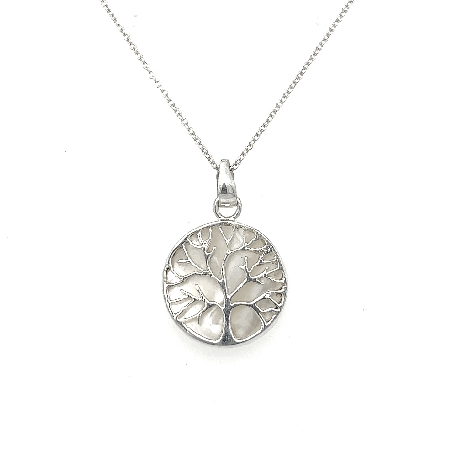 A reversible Mother of Pearl Medallion with Tree Of Life pendant on a nature-inspired chain.