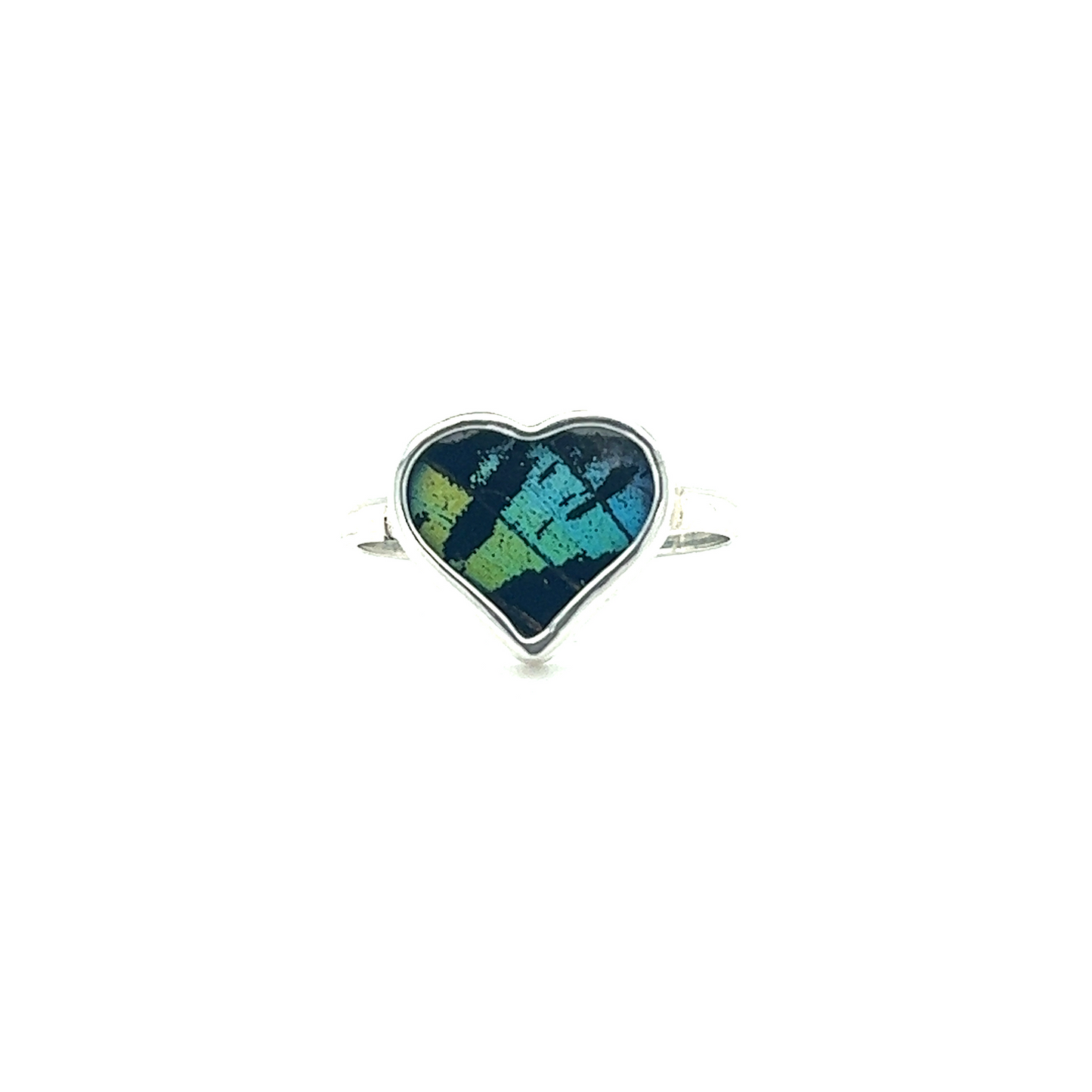 
                  
                    A colorful, boho-inspired Genuine Butterfly Ring in Heart Shape with a blue and green heart.
                  
                