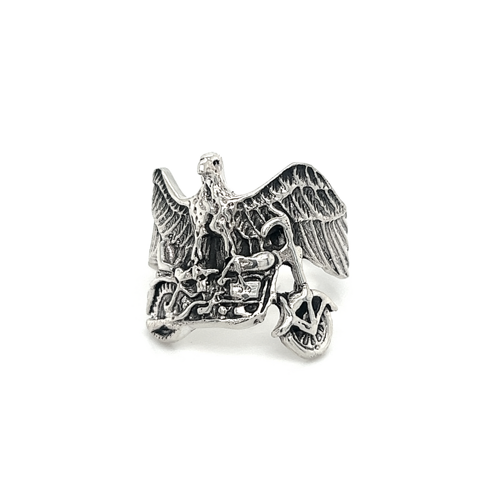 
                  
                    A Super Silver Statement Eagle and Motorcycle Ring with an eagle design.
                  
                