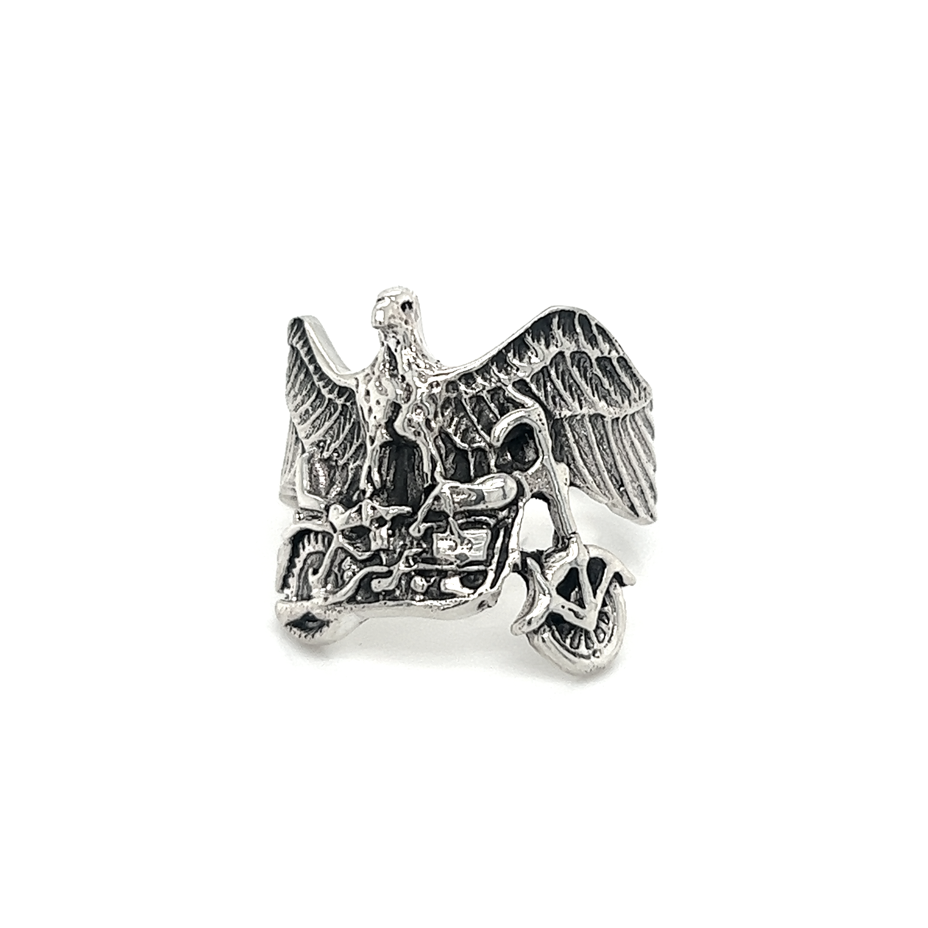 A Super Silver Statement Eagle and Motorcycle Ring with an eagle design.