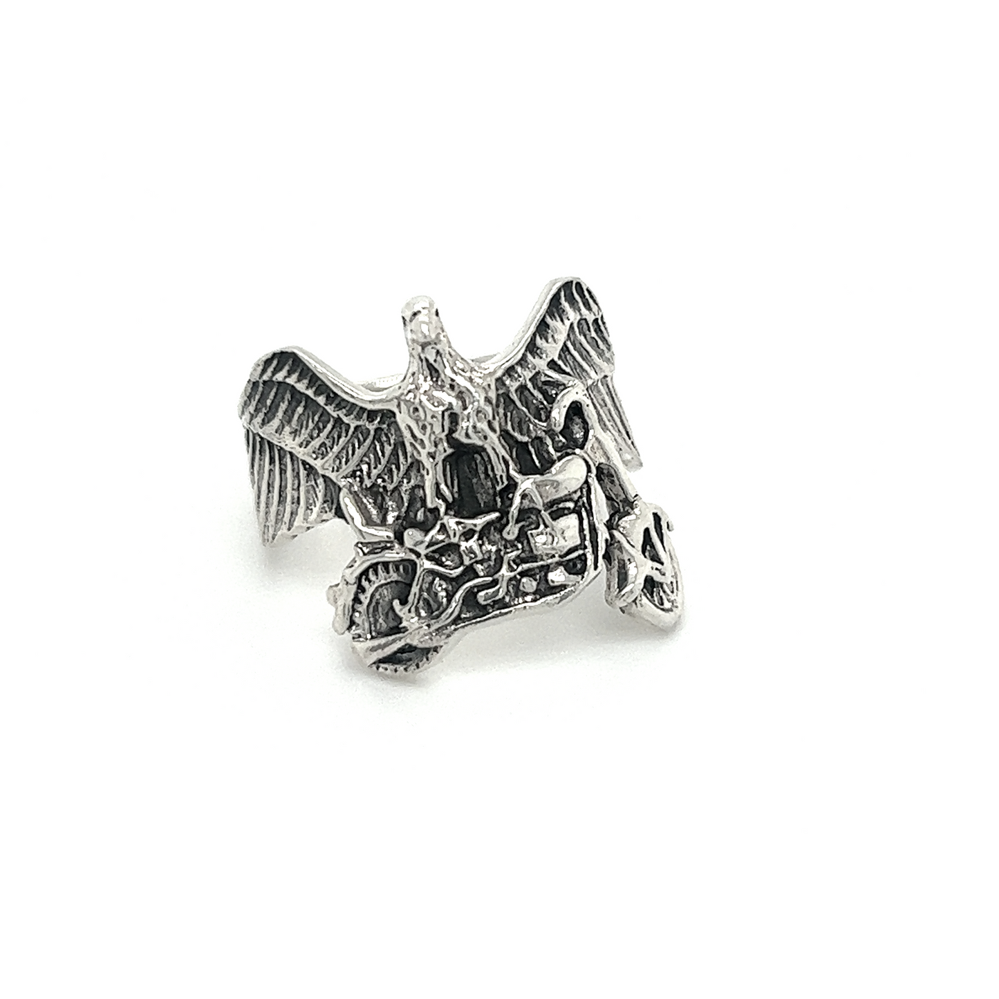 
                  
                    A badass Super Silver biker Statement Eagle and Motorcycle Ring.
                  
                