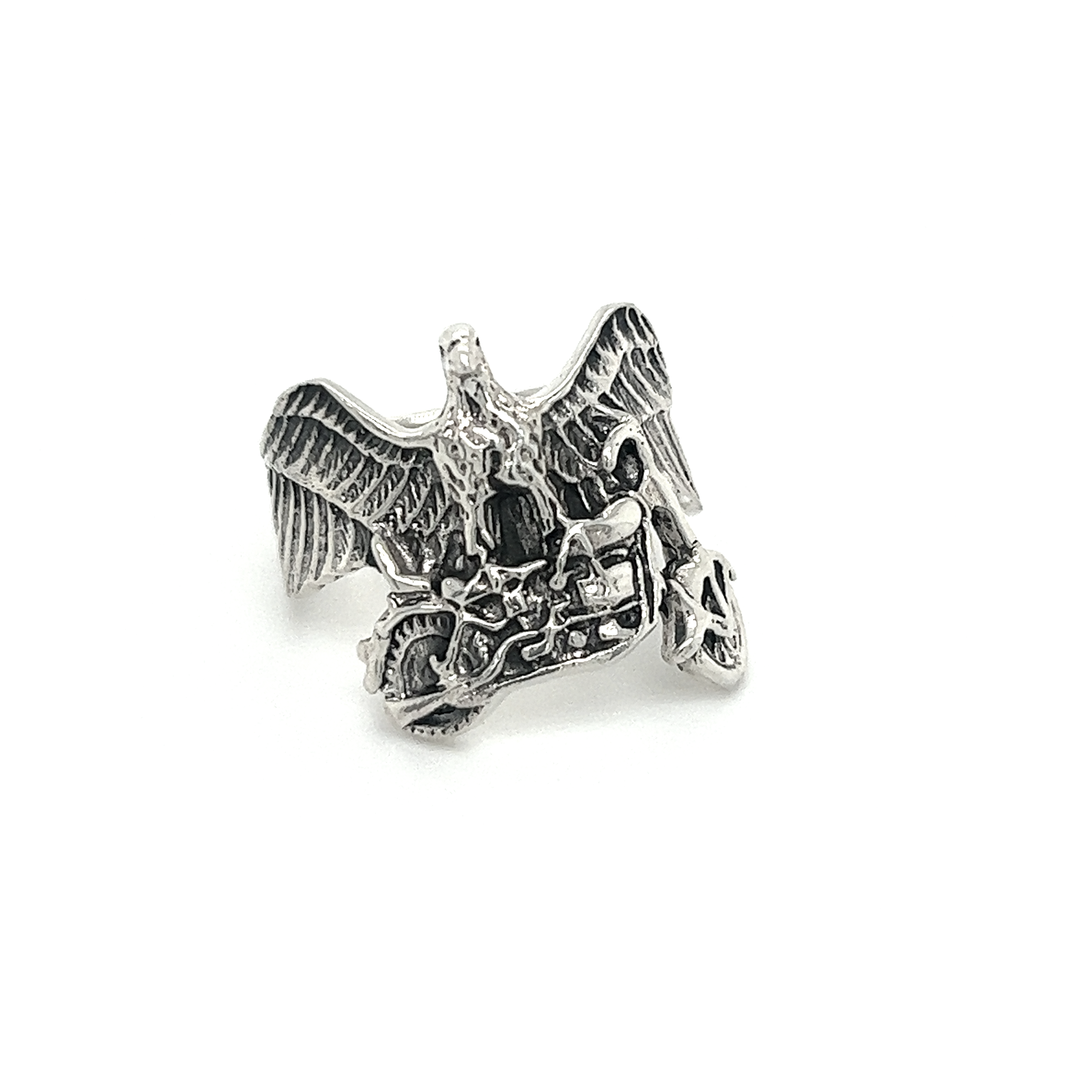 A badass Super Silver biker Statement Eagle and Motorcycle Ring.
