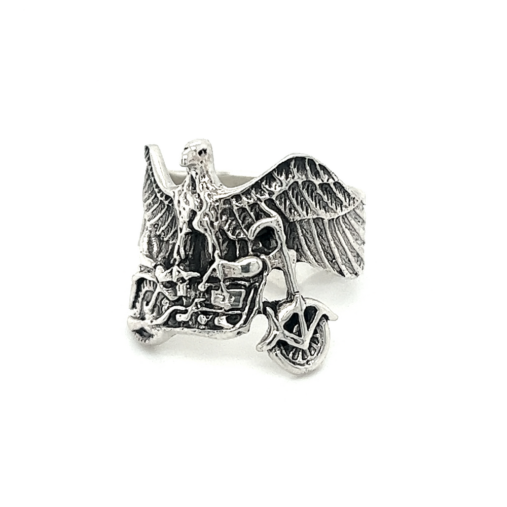 
                  
                    A Super Silver Statement Eagle and Motorcycle Ring with an eagle design.
                  
                