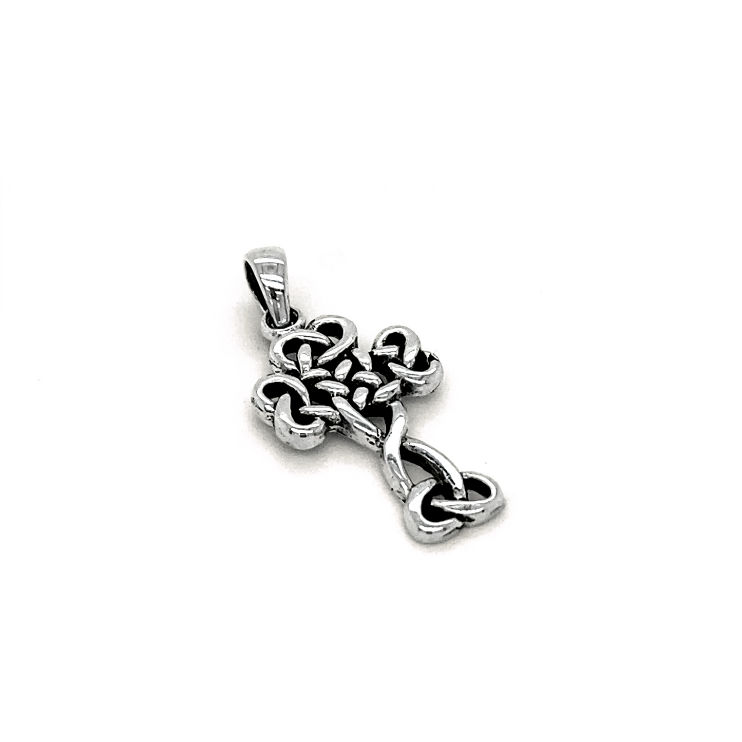 A dainty Celtic Knot Cross Pendant crafted from .925 sterling silver on a white background.