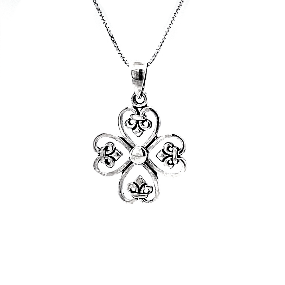 
                  
                    Vintage style Clover Cross Pendant with Fleur De Lis in sterling silver, a lucky Irish charm.
                  
                