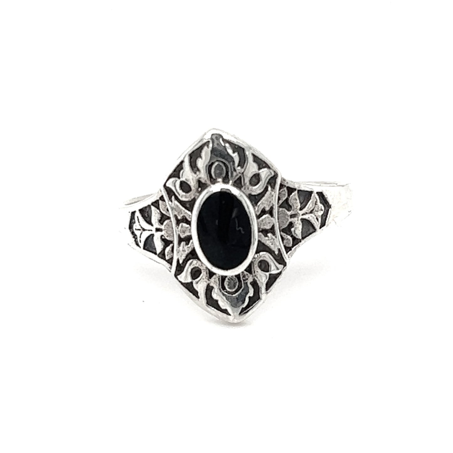 
                  
                    A Marquise Shield Ring With Inlaid Stones with a black onyx stone inlaid in its shield design.
                  
                