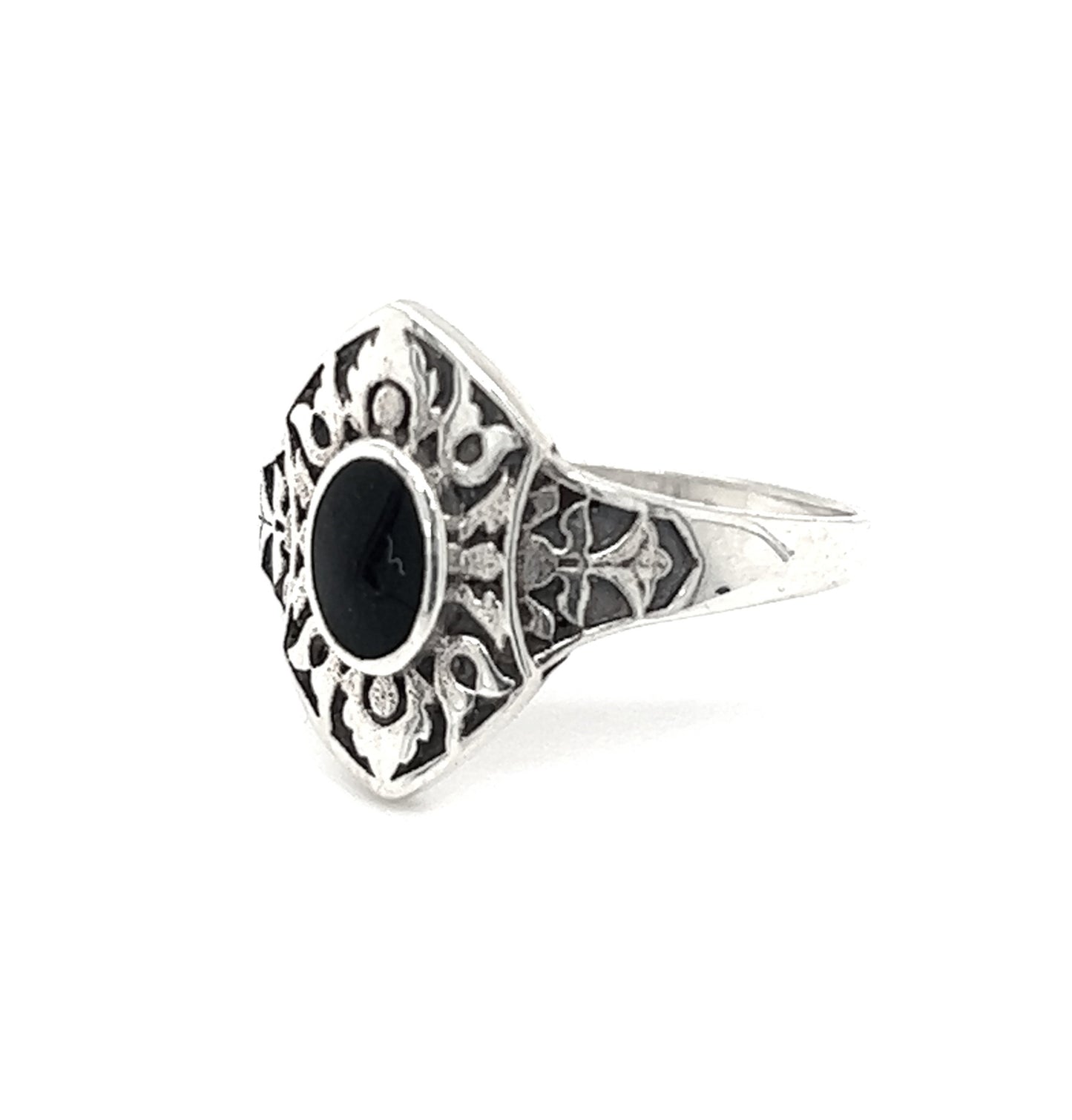 
                  
                    A Marquise Shield Ring With Inlaid Stones with a black onyx stone inlaid.
                  
                