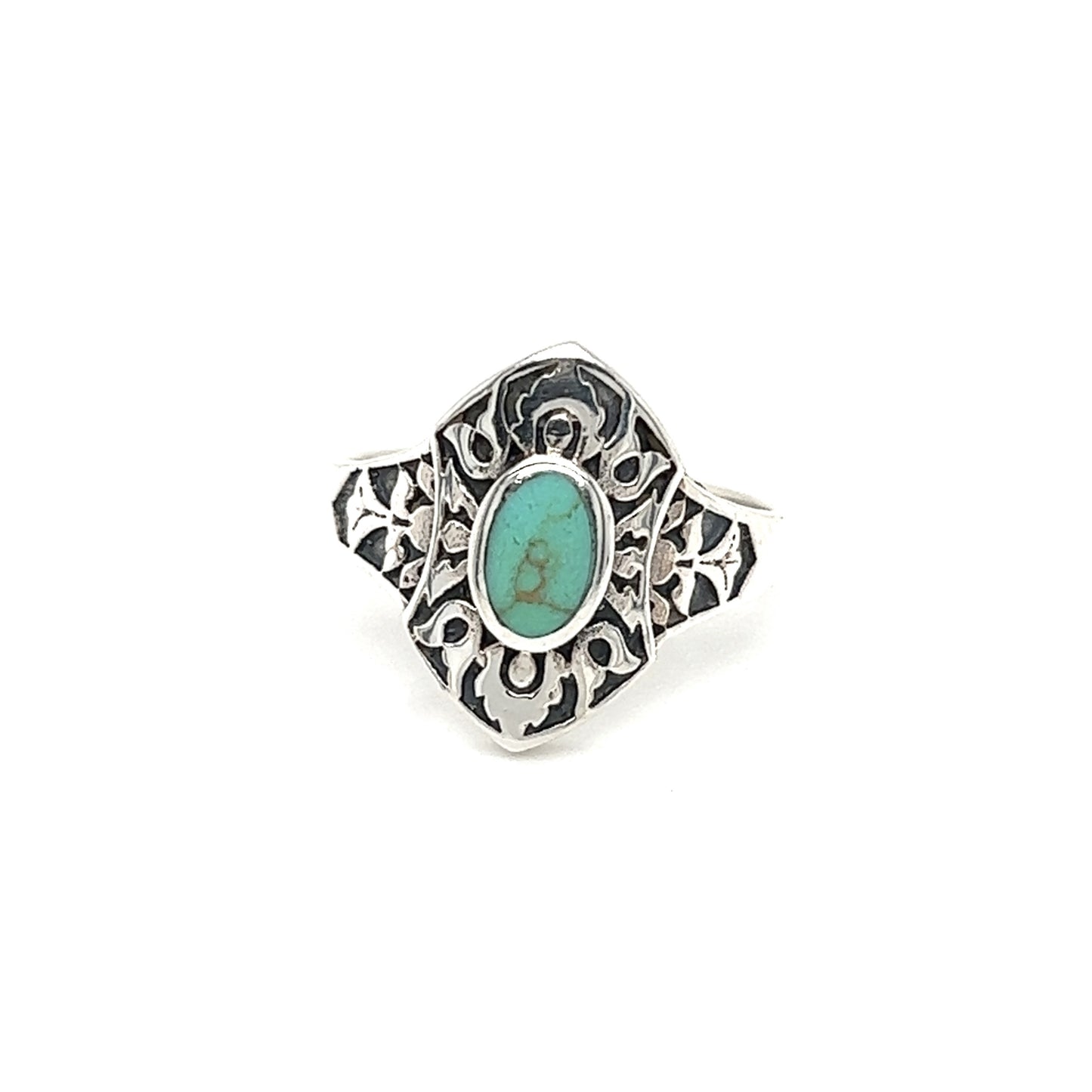 
                  
                    A Marquise Shield Ring With Inlaid Stones with a shield design and an inlaid turquoise stone.
                  
                