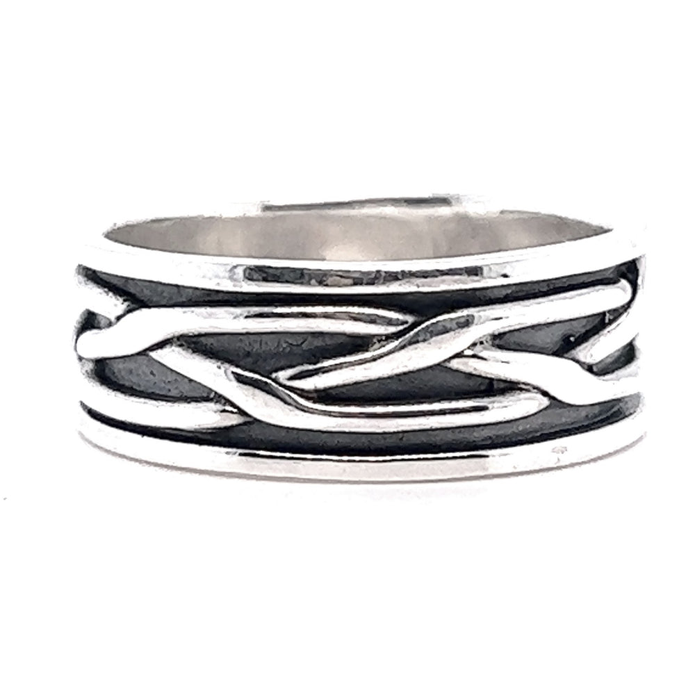 A masculine Thick Woven Band with an edgy black and silver design.