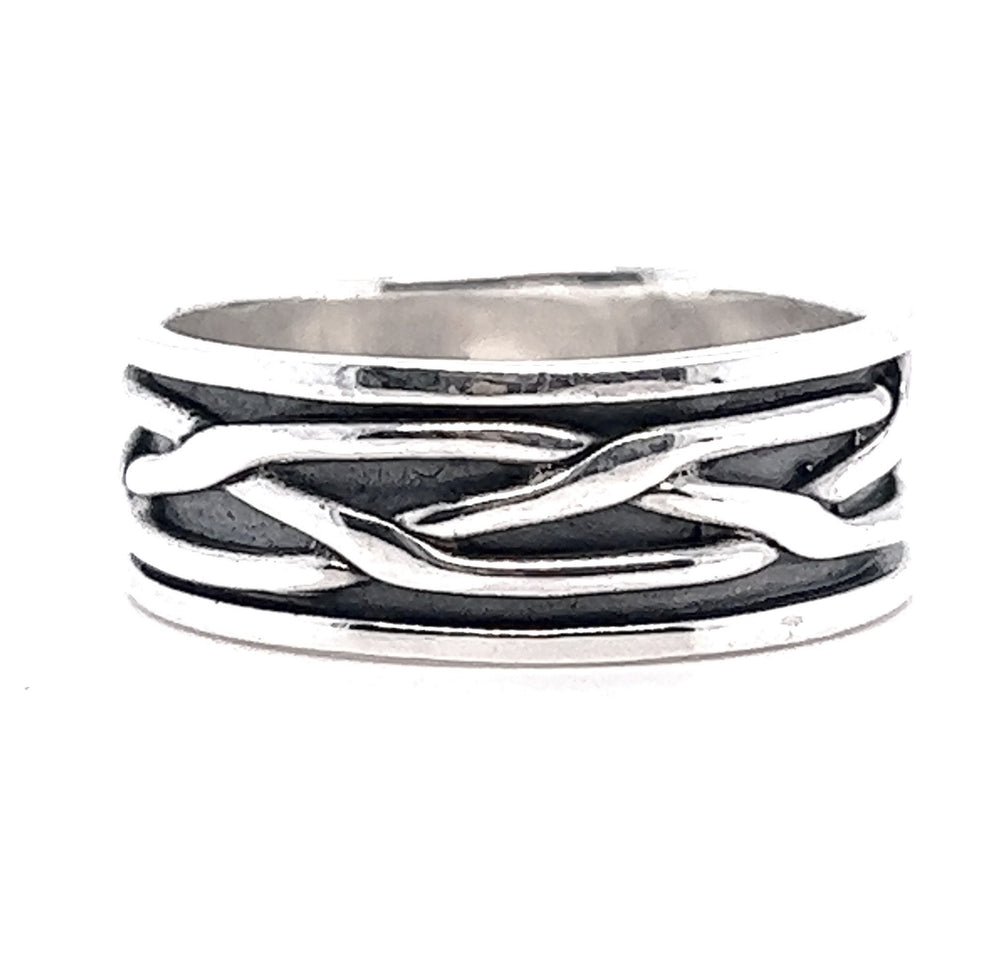 A masculine Thick Woven Band with an edgy black and silver design.