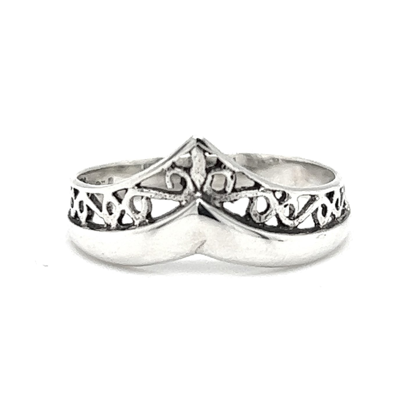 A chic Filigree Chevron Ring with a delicate and ornate design, exuding a touch of Victorian charm.