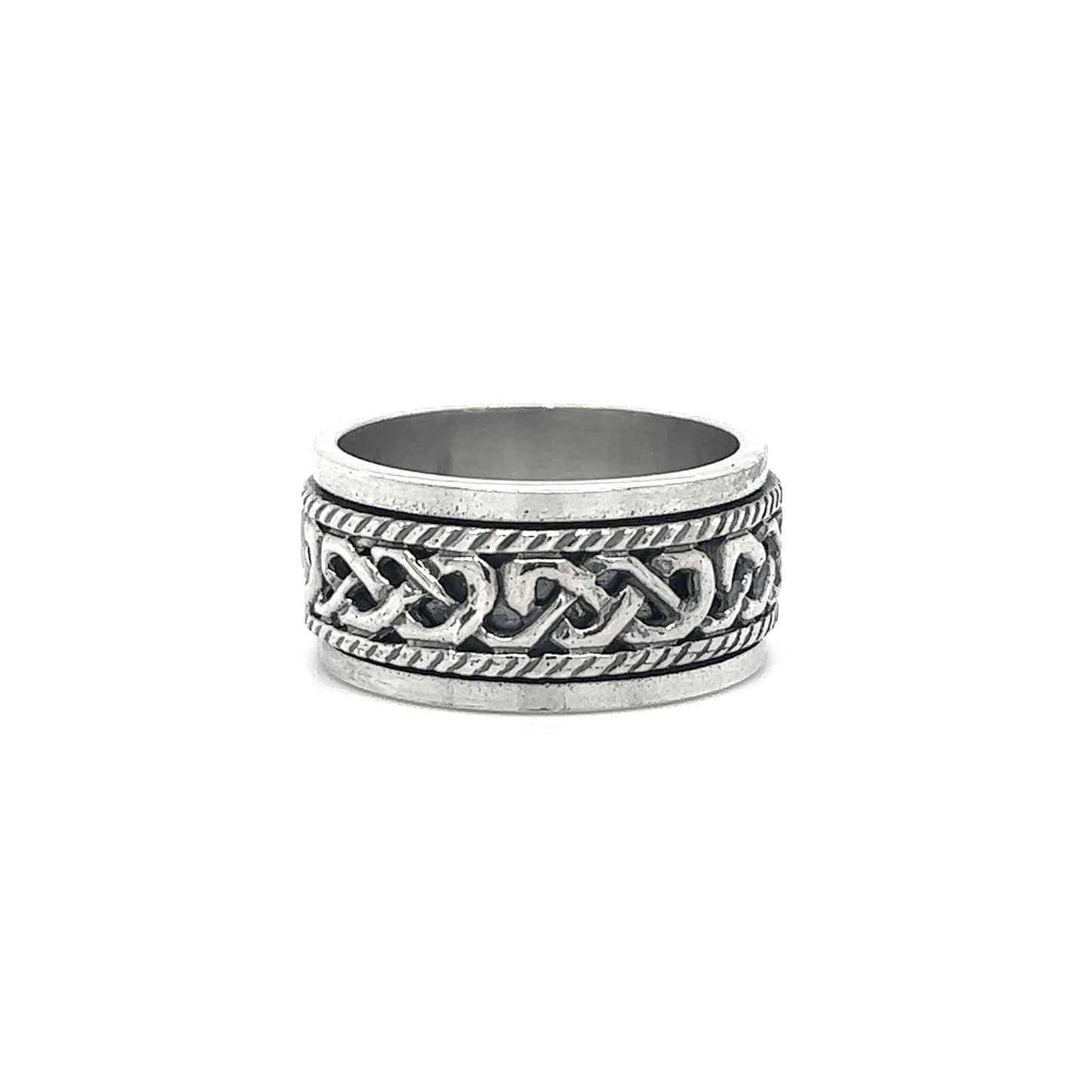 
                  
                    A silver ring with a Spinner Ring With Celtic Knot And Rope design.
                  
                