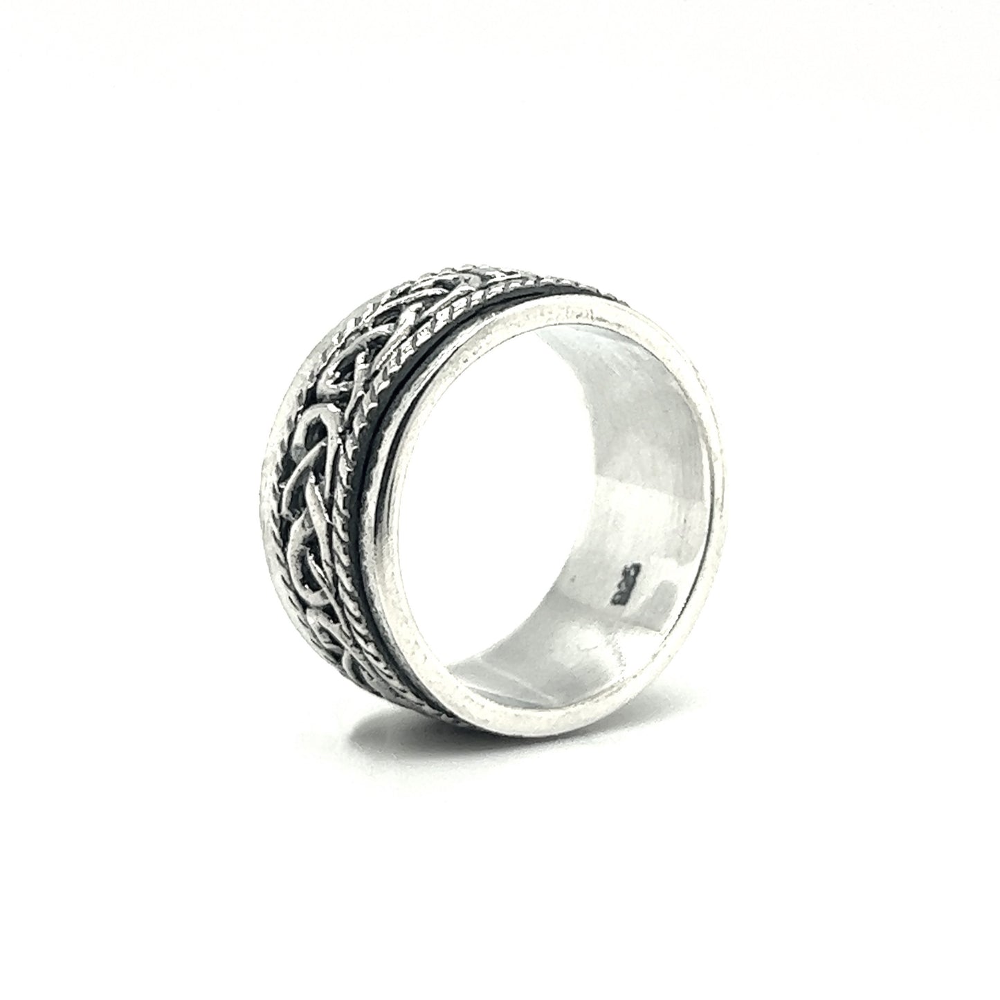 
                  
                    A Spinner Ring With Celtic Knot And Rope Design with an intricate design, featuring a fidget feature.
                  
                