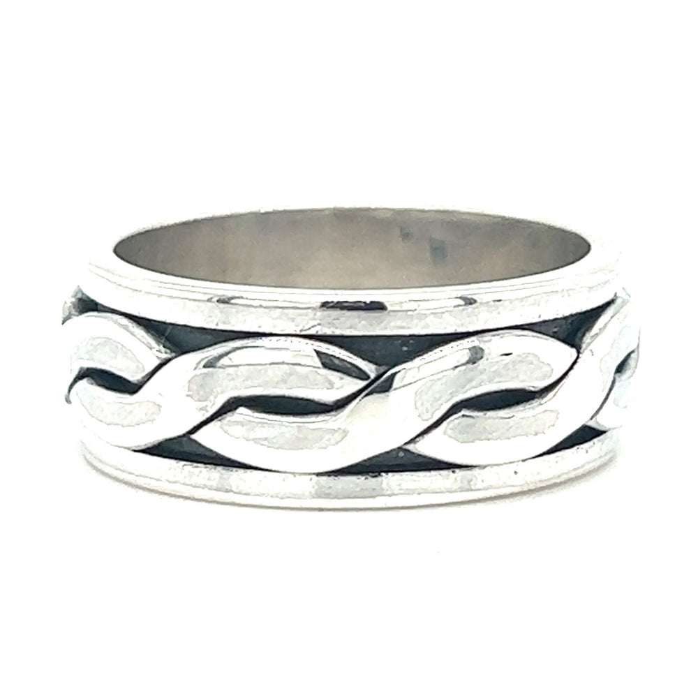 
                  
                    A .925 Sterling Silver ring with a Sleek Woven Spinner Band product design.
                  
                