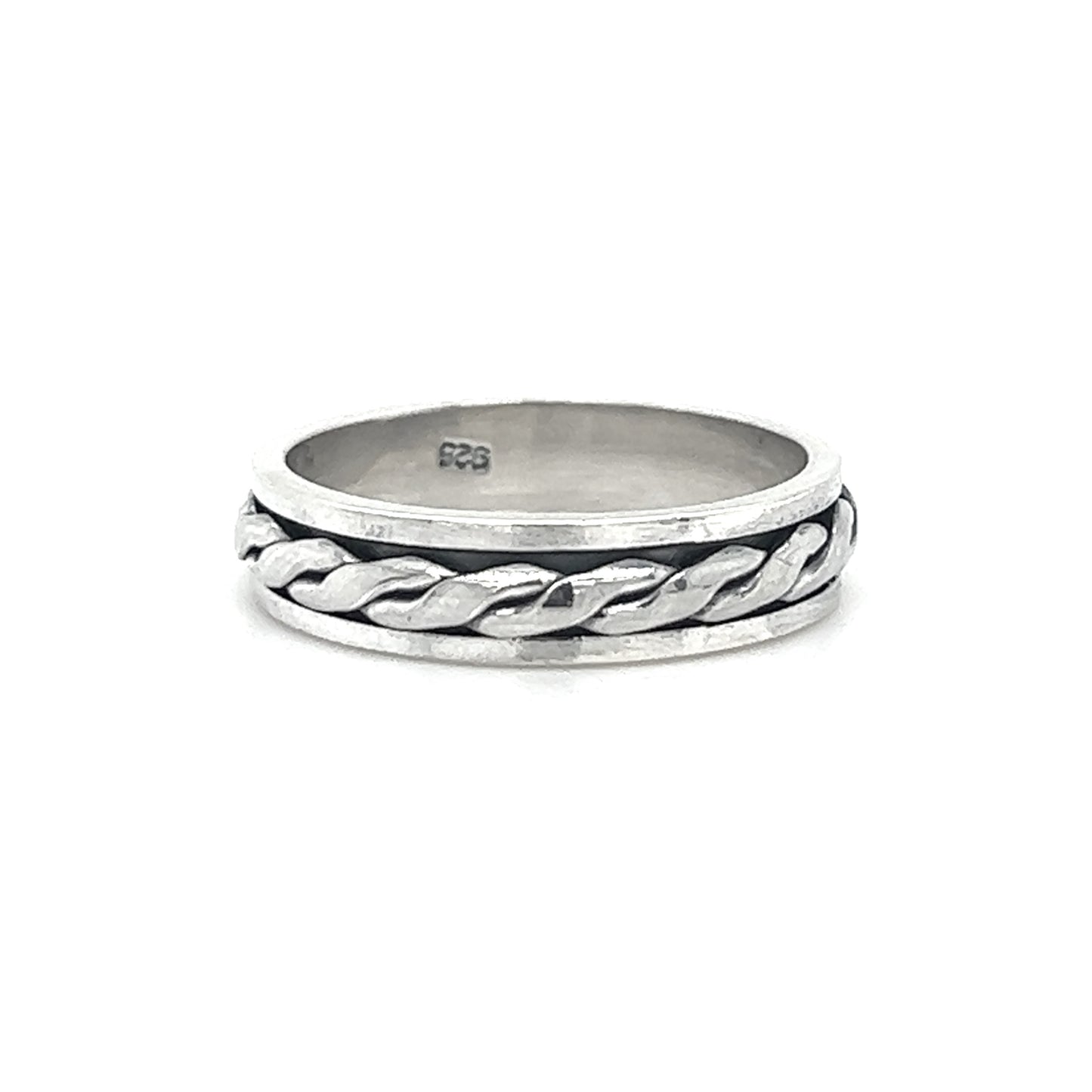 
                  
                    A sleek Spinner Band With Flat Weave Design made from .925 Sterling Silver, featuring a calming effect.
                  
                