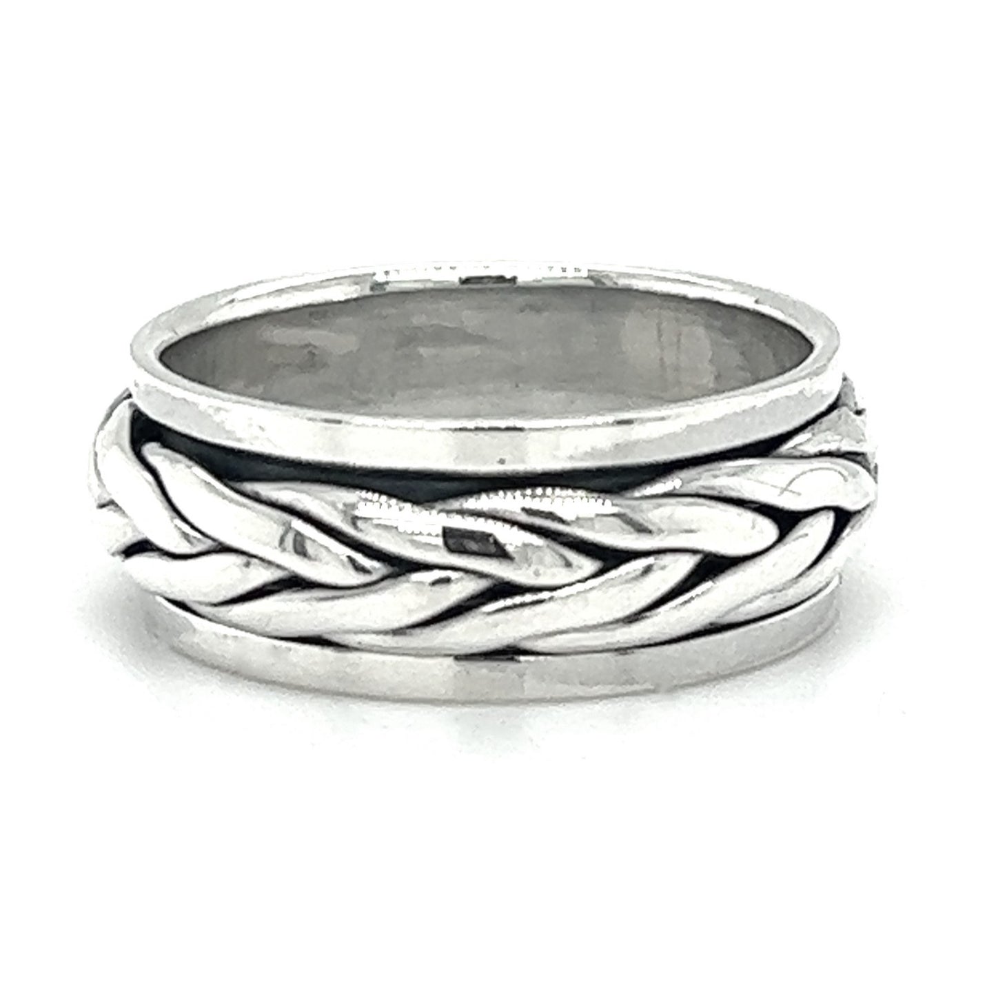 A contemporary silver Heavy Woven Rope Spinner Band with a handsome braided design.