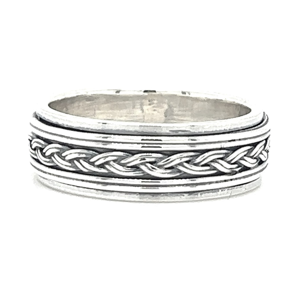 A woven Silver Rope Spinner Ring with a braided design, offering an edgy appeal while providing a relaxing and therapeutic effect.