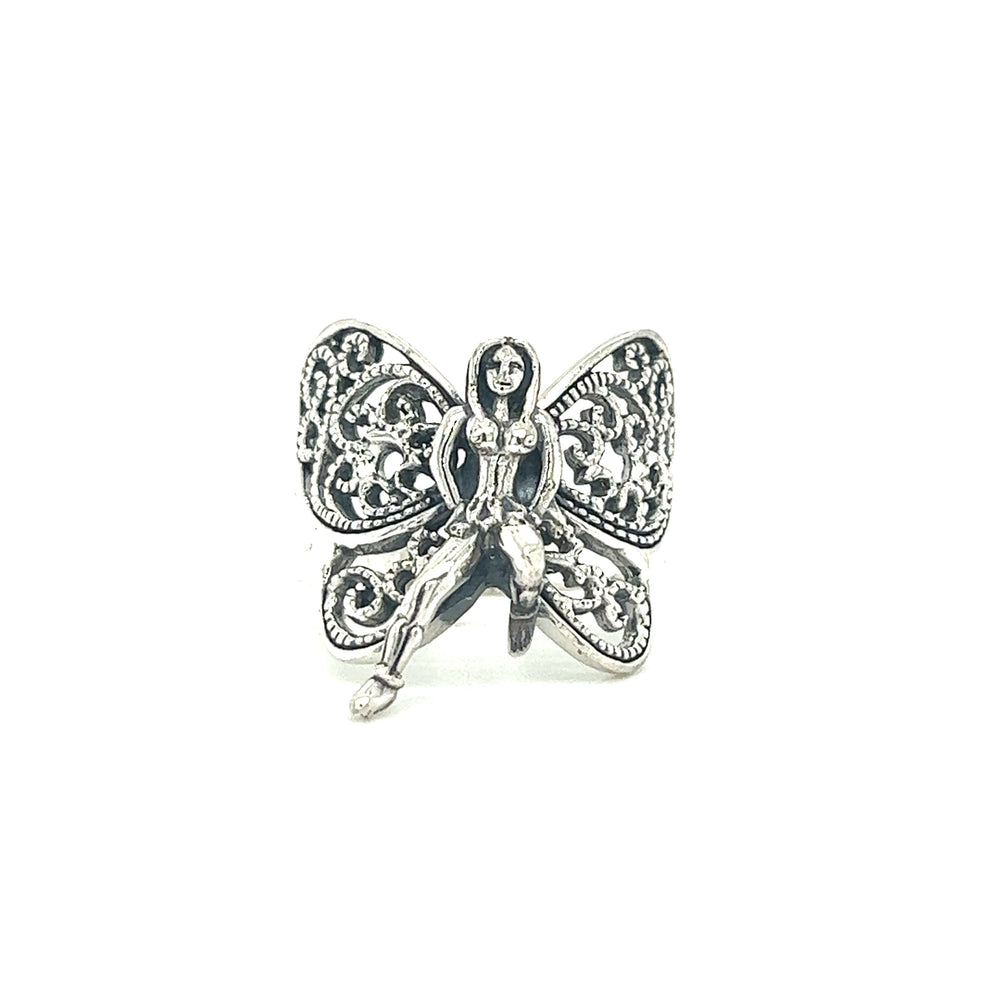 A silver Statement Fairy Ring with a butterfly fairy on it.