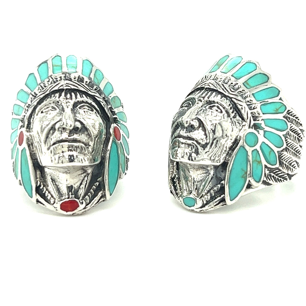 
                  
                    A Stately Chief Head Ring With Inlay Stones with turquoise stone and silver.
                  
                