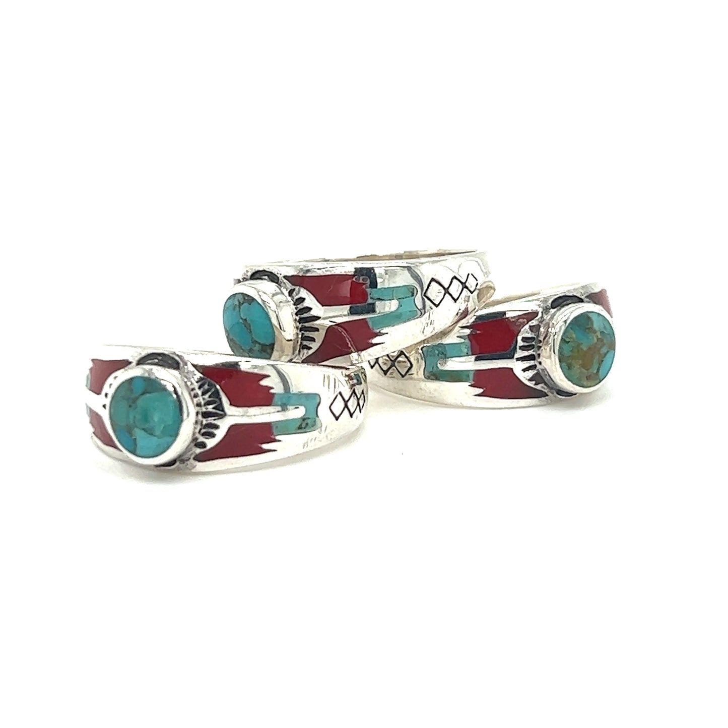 Three Super Silver Kingman Turquoise Composite Rings With Coral and Red.