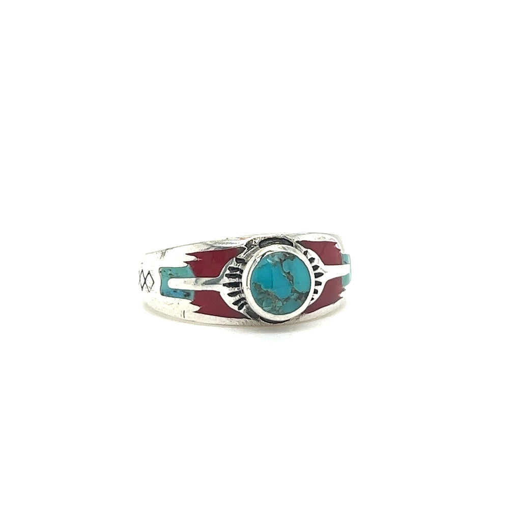 
                  
                    A Super Silver Kingman Turquoise Composite Ring With Coral featuring a sunburst design.
                  
                