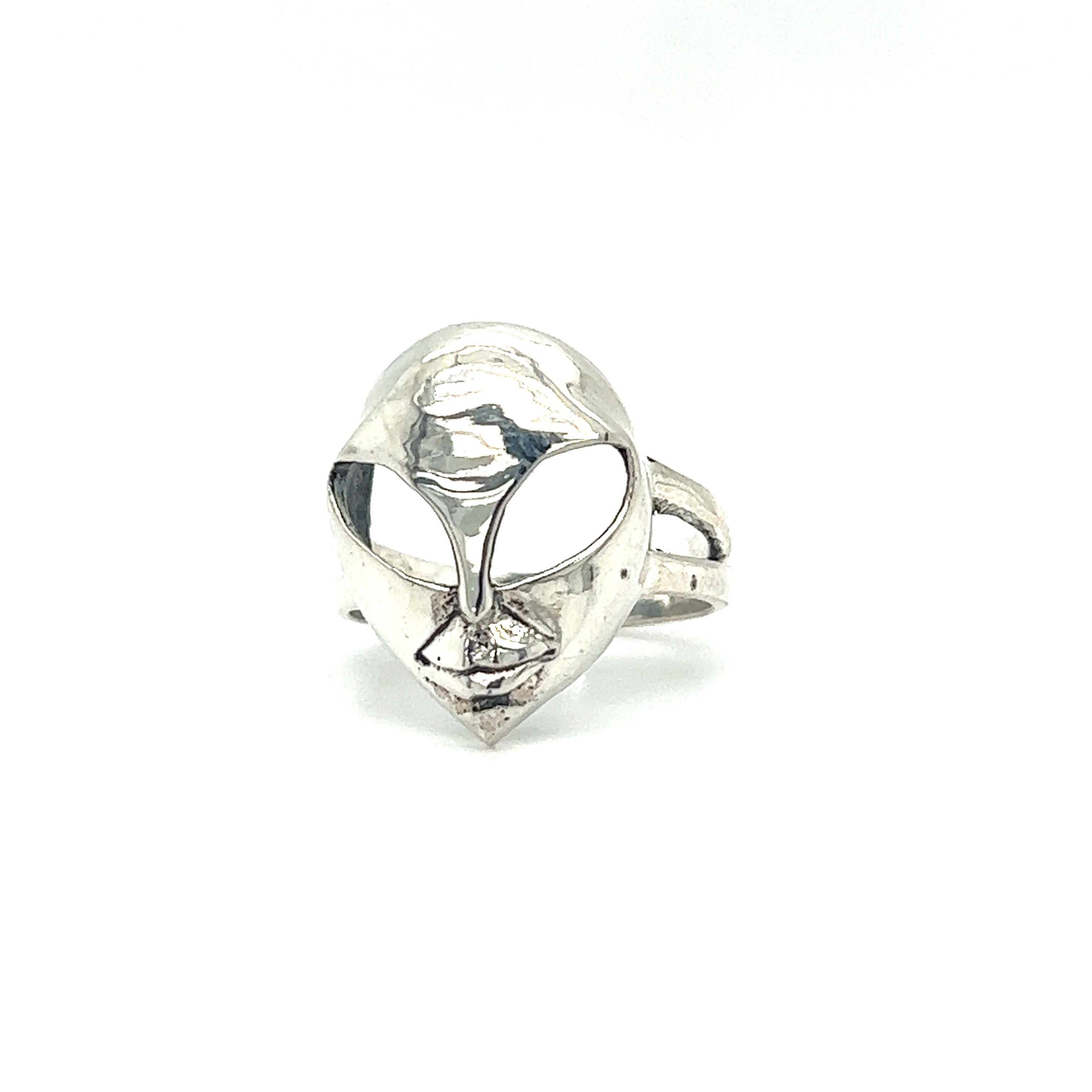 A statement piece Super Silver Alien Head Ring - a fashion item with a face on it, alluring in its silver shine.