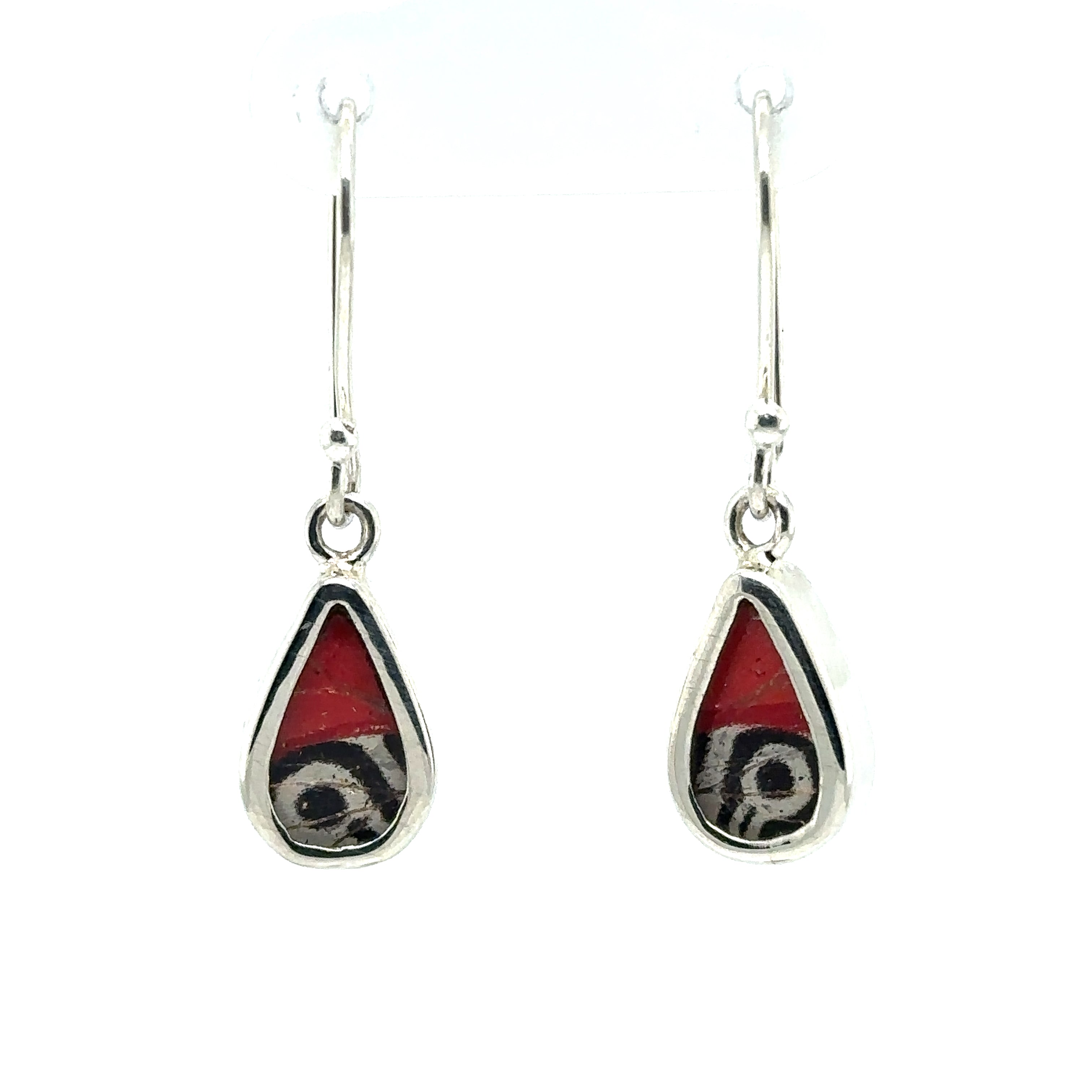 A pair of Small Butterfly Wing Earrings with red and black designs in a square shape.