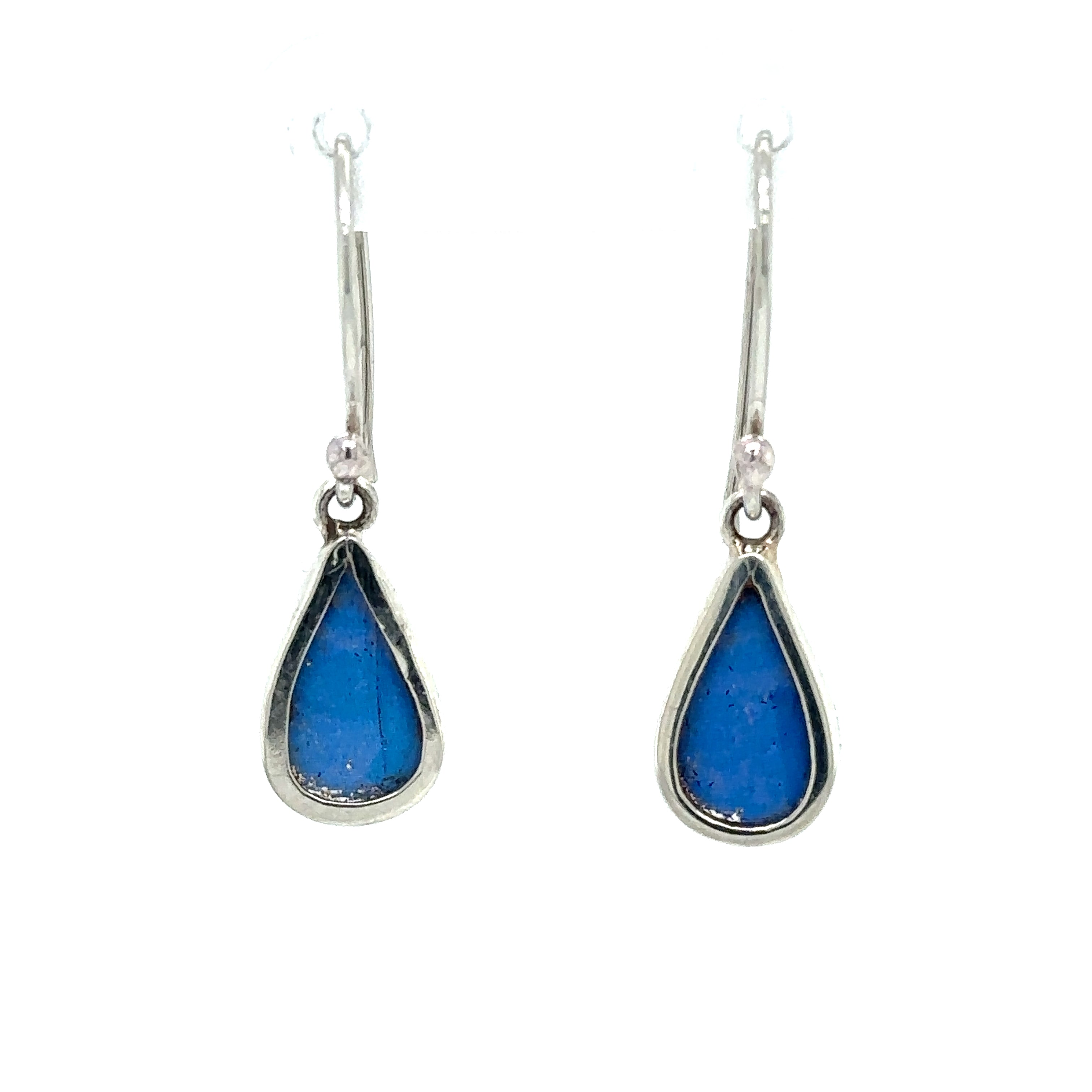 A pair of Small Butterfly Wing Earrings with a blue stone.