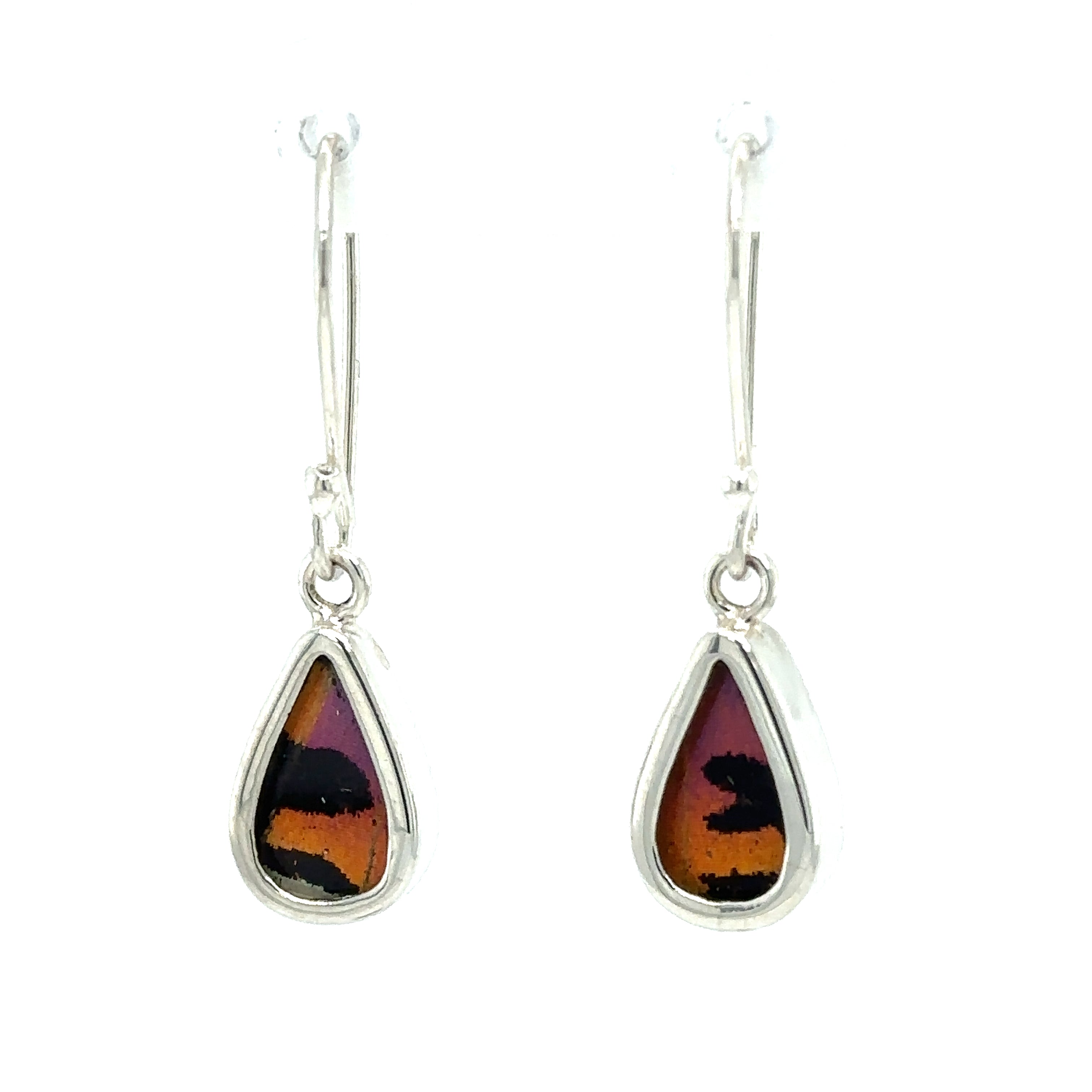A pair of Small Butterfly Wing Earrings with a teardrop-shaped red and orange stone.