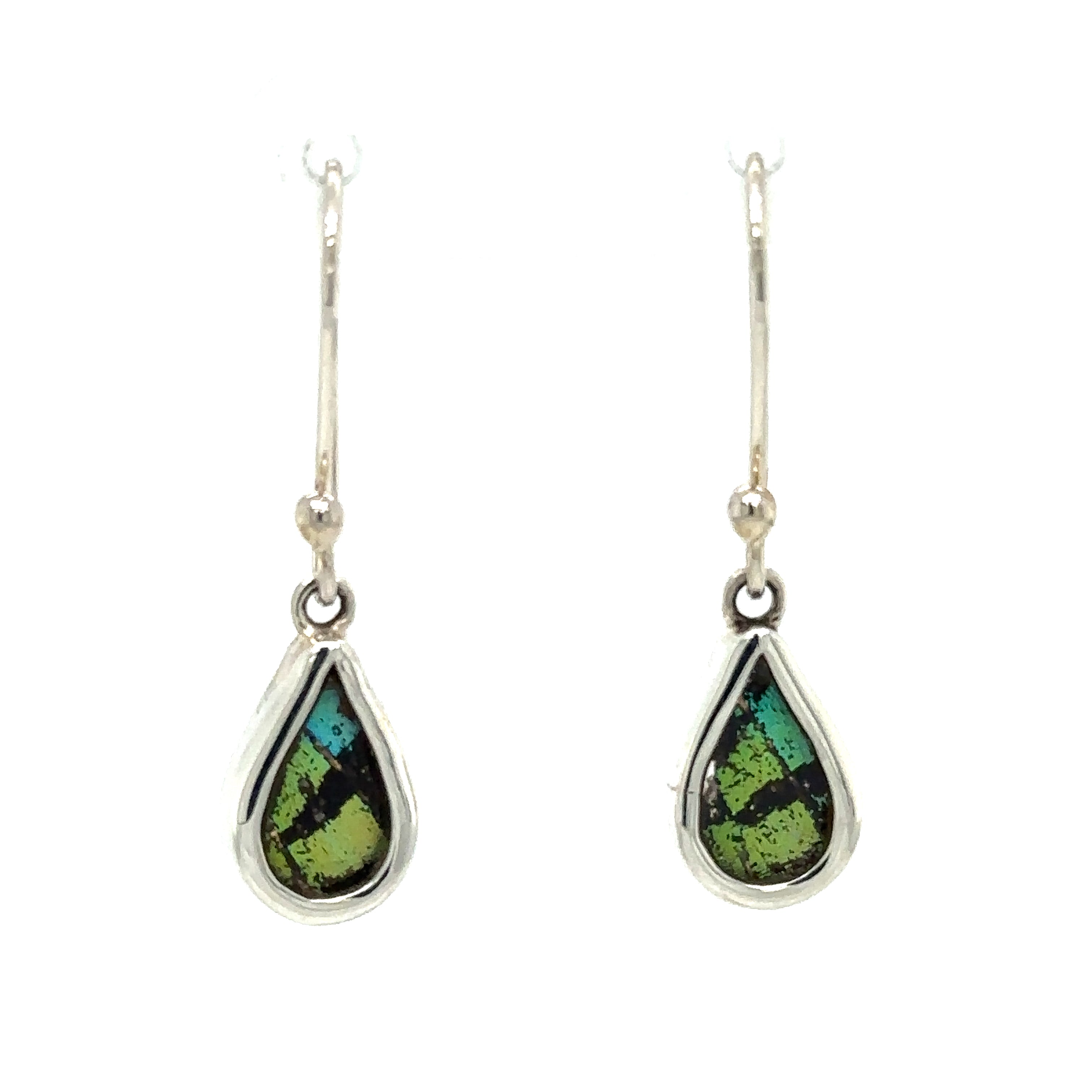 These Small Butterfly Wing Earrings by Super Silver feature a green and black stone, crafted from sterling silver. Inspired by the beauty of the Peruvian Amazon and handmade sustainably at a butterfly farm.
