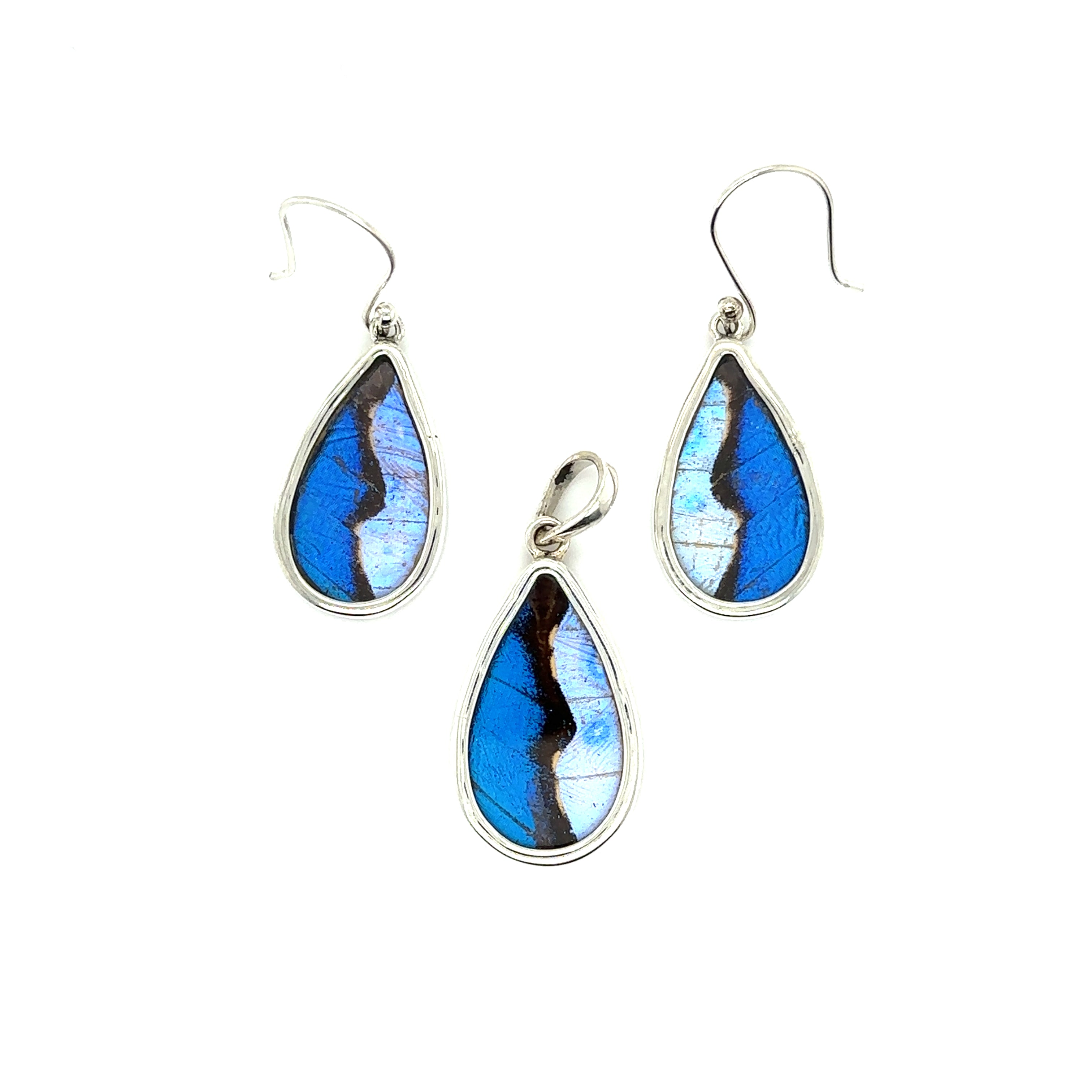 A Genuine Butterfly Pendant and Earring Teardrop Set, inspired by the vibrant colors of Santa Cruz.