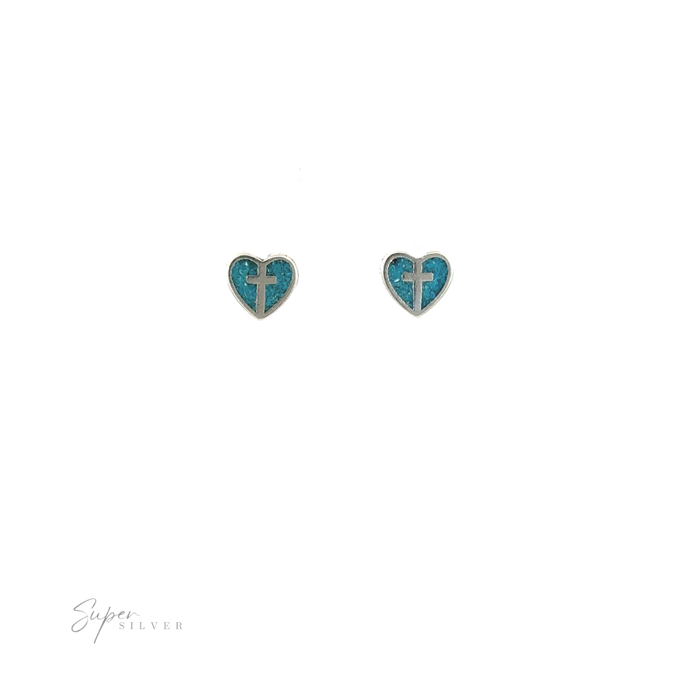 
                  
                    A pair of turquoise and white heart shaped Christian faith stud earrings.
                  
                