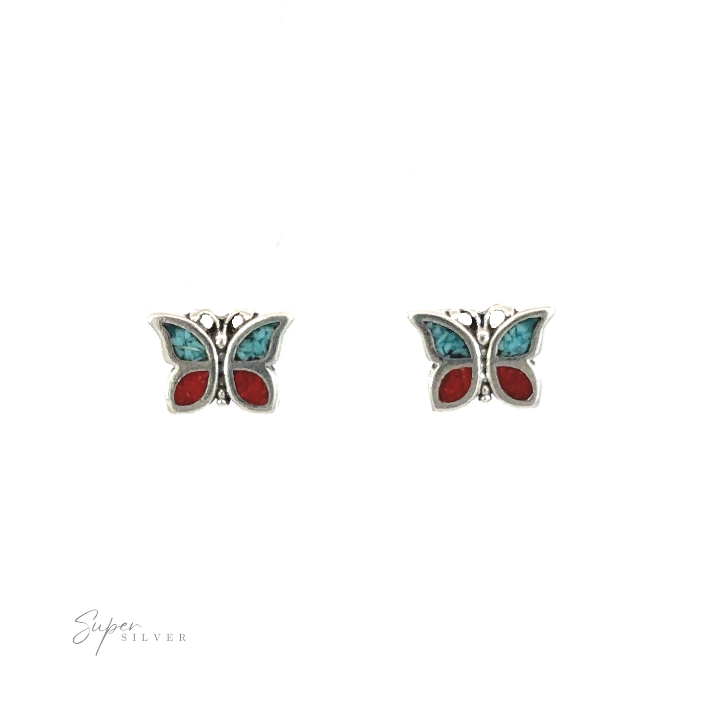 A pair of Coral and Turquoise Butterfly Studs with whimsical coral and turquoise stones.
