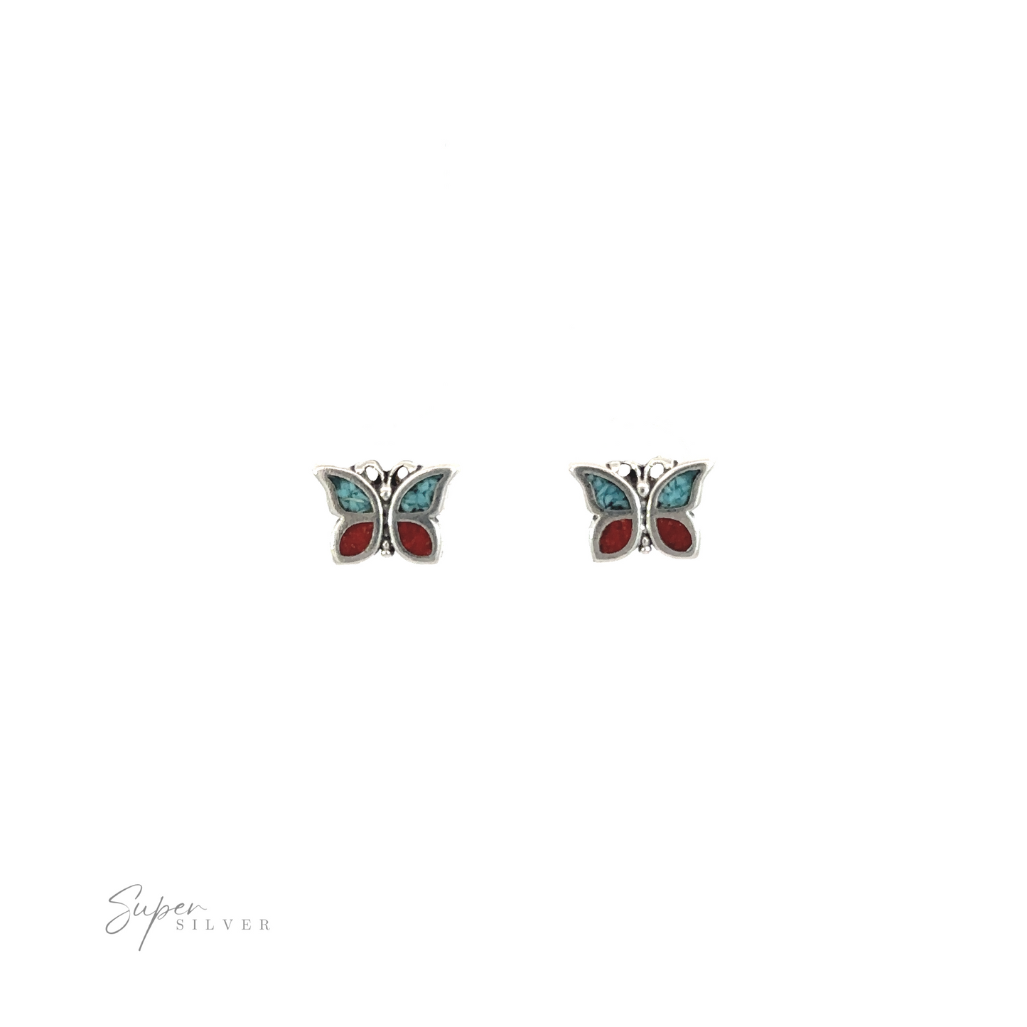 
                  
                    A pair of Coral and Turquoise Butterfly Studs on a white background.
                  
                