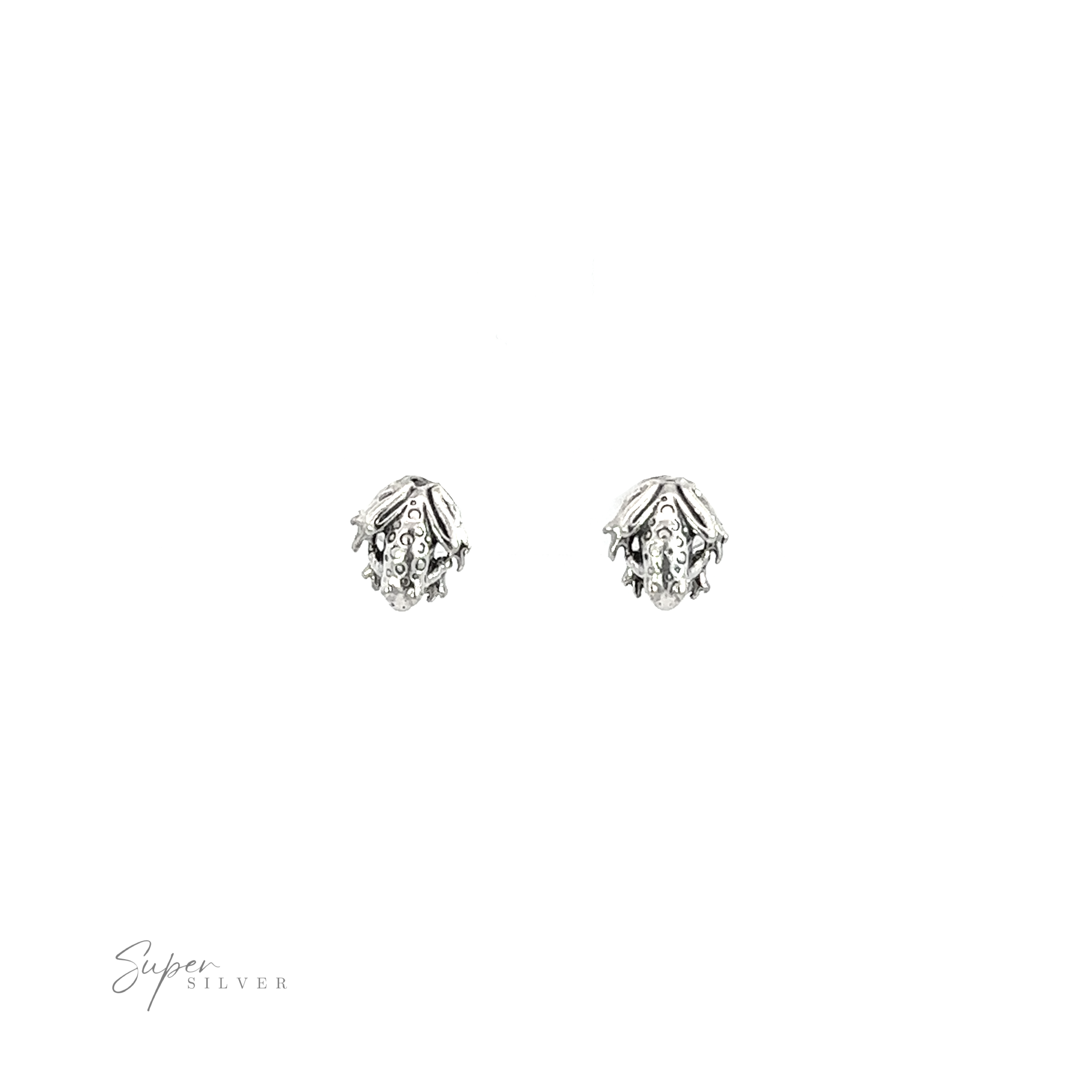 A pair of silver Frog Studs earrings on a white background, perfect accessories for nature lovers.