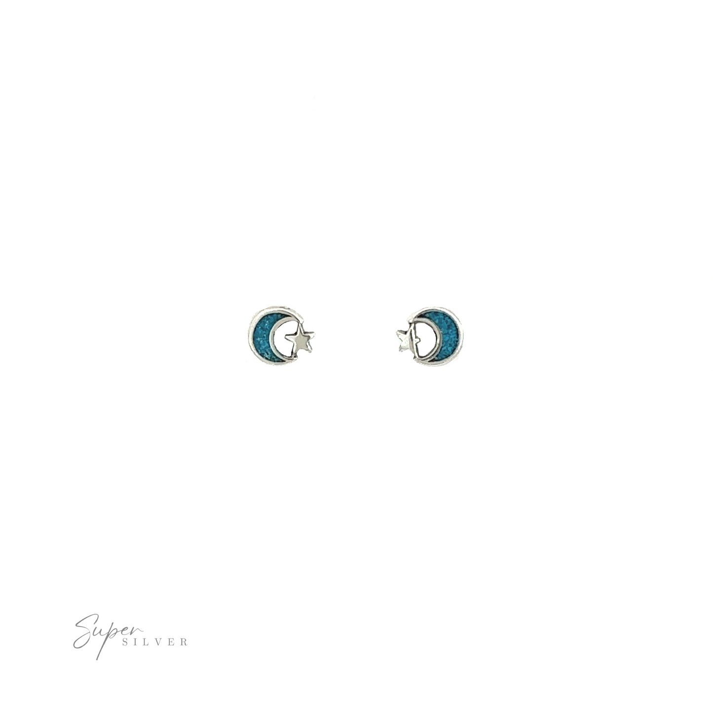
                  
                    A pair of Moon and Star Turquoise stud earrings with minimalist aesthetics on a white background.
                  
                