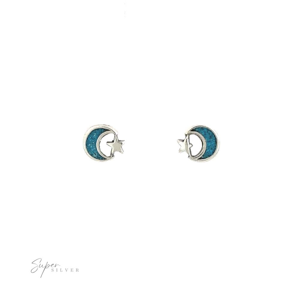 A pair of Moon and Star Turquoise Studs with a hint of blue and minimalist aesthetics.