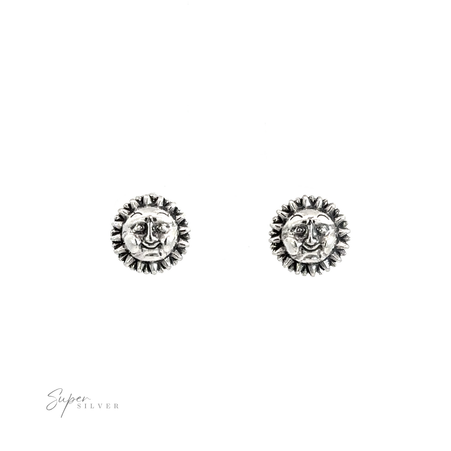 A pair of Sun with Face stud earrings featuring celestial charm, showcased on a white background.