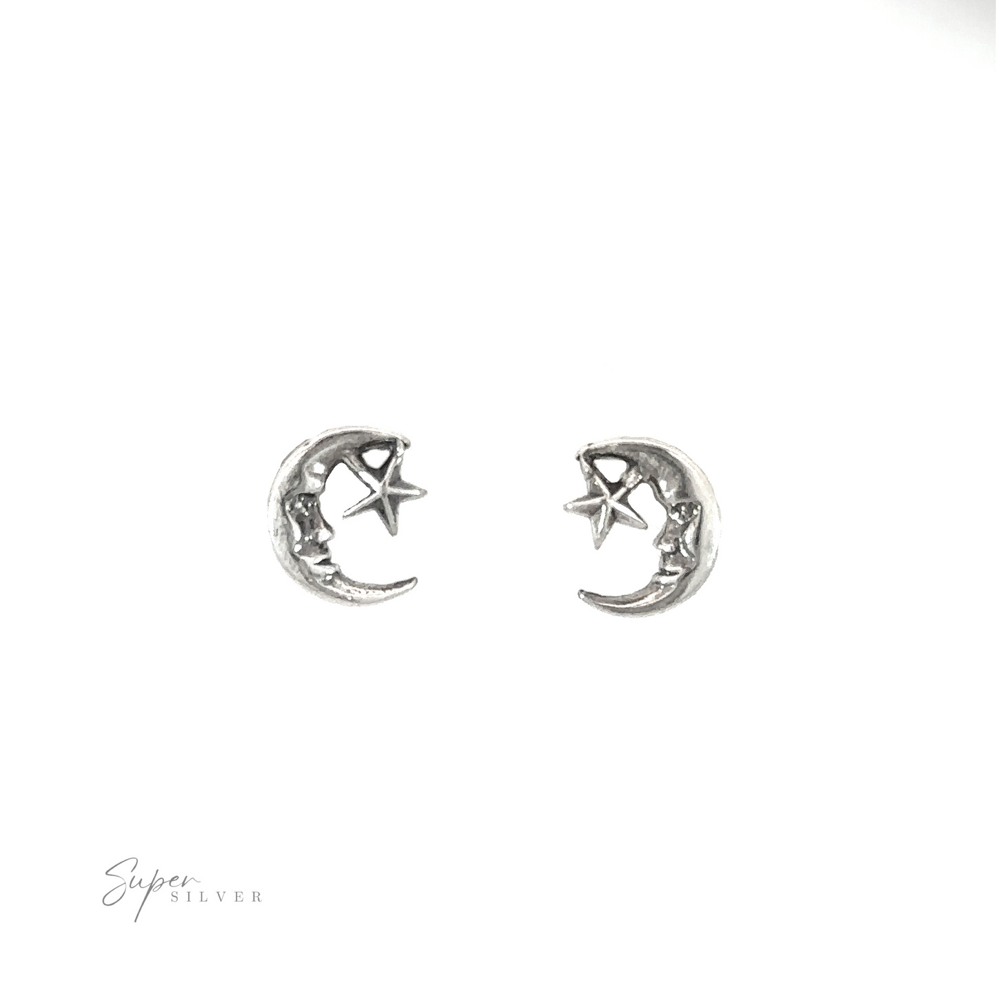 Charming celestial allure, these Moon and Star Studs are the perfect charming accessories with their silver crescent and star design.