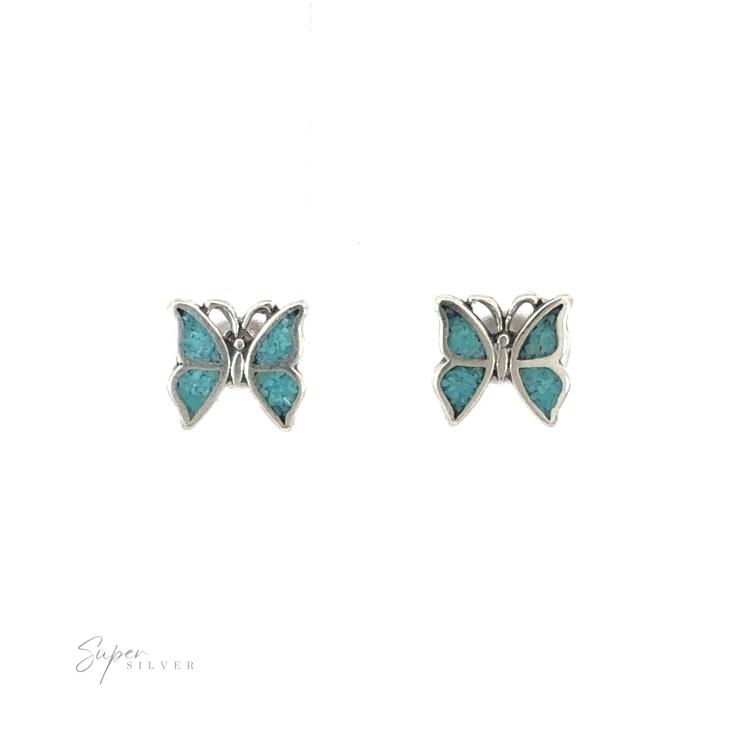 A pair of Turquoise Butterfly Studs on a white background.
